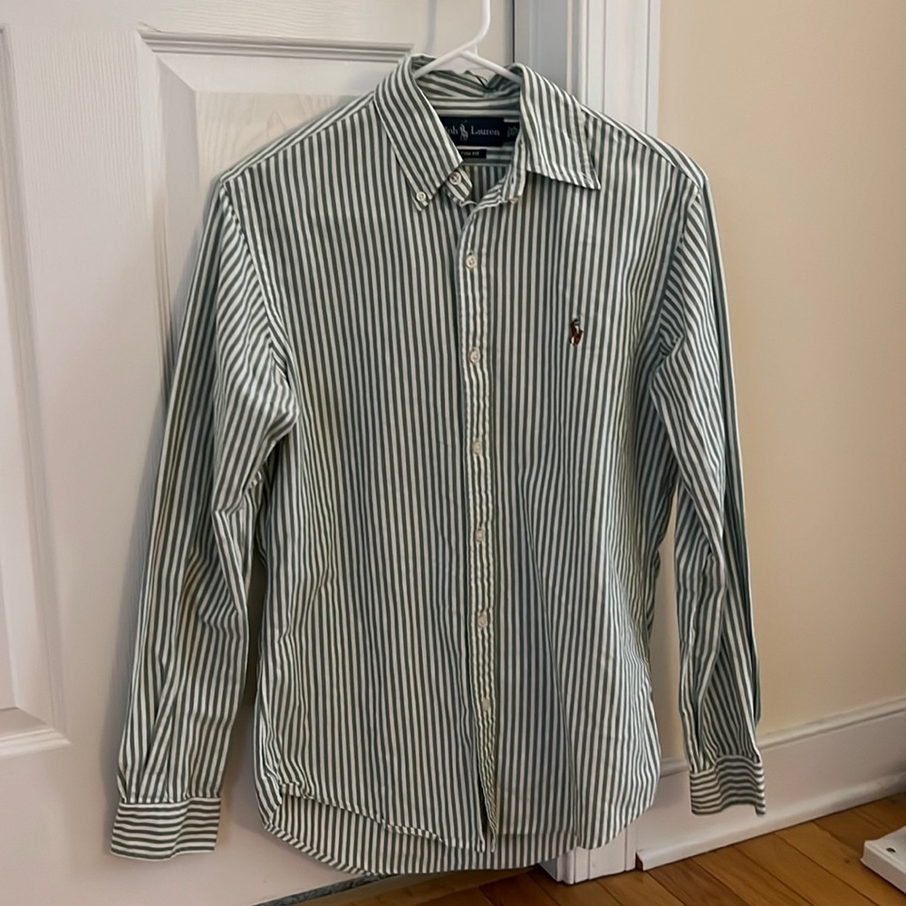 Ralph Lauren button down. Small. Green/white stripes.